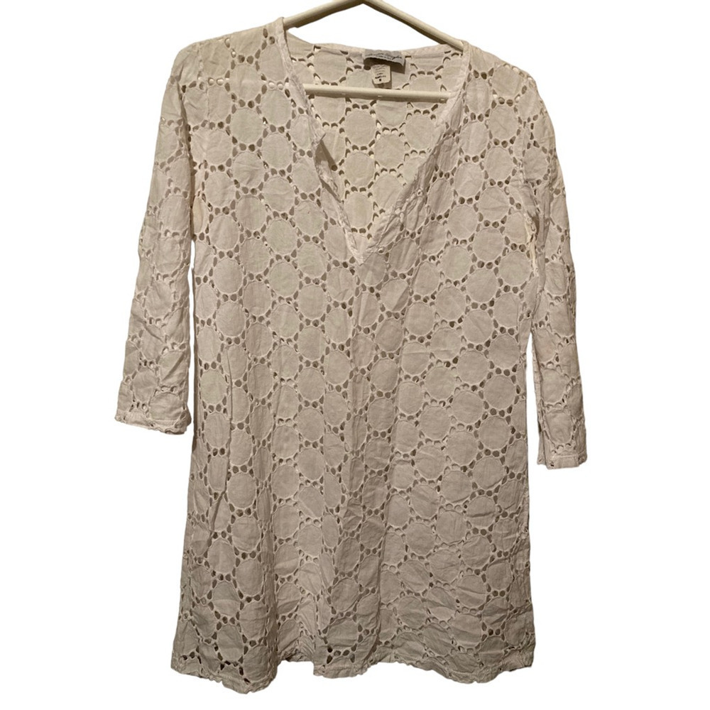 Jordan Taylor Womens Tunic Top Ivory Geometric Long Sleeve V Neck Eyelet USA M‎